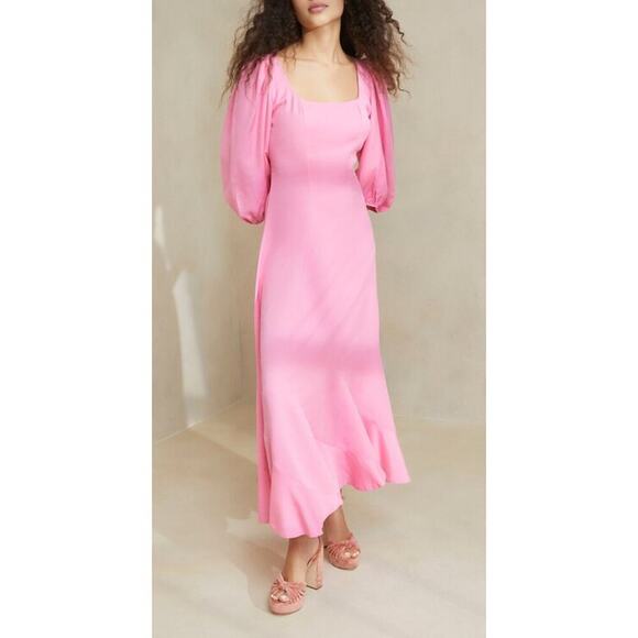 Loeffler Randall Carmina Bubblegum Pink Curve Puff Sleeve Midi Maxi Dress NEW - Picture 2 of 10
